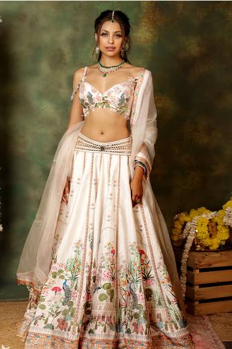 Ivory Printed Raw Silk Lehenga Set