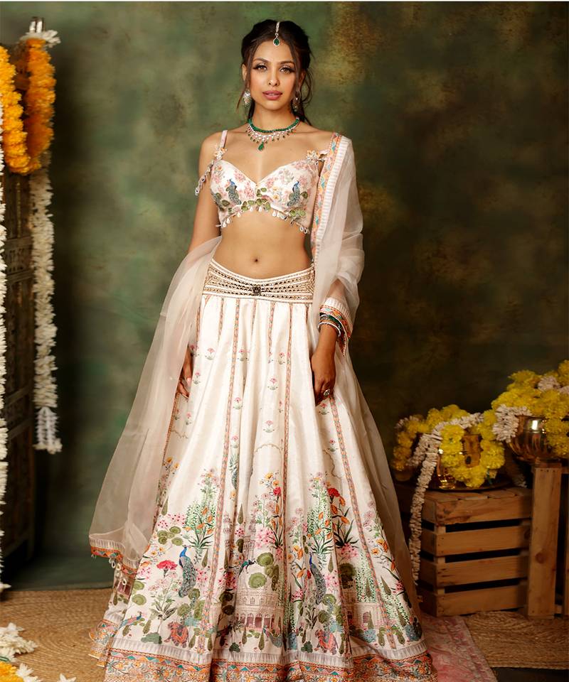 Ivory Printed Raw Silk Lehenga Set