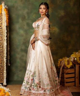 Ivory Printed Raw Silk Lehenga Set 2