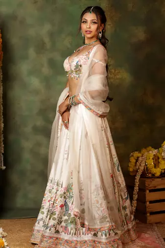 Ivory Printed Raw Silk Lehenga Set