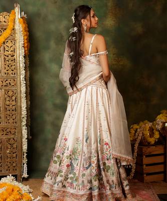 Ivory Printed Raw Silk Lehenga Set 3