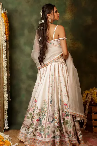 Ivory Printed Raw Silk Lehenga Set