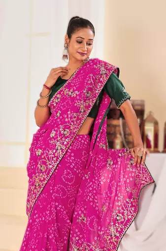 Fancy red rani colour bandhani catalogue with gotta embroidery