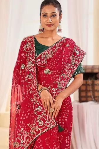 Fancy red rani colour bandhani catalogue with gotta embroidery