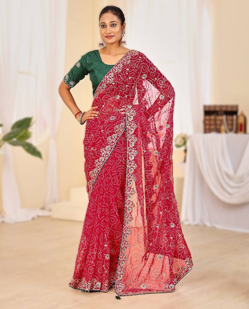 Fancy red–rani colour bandhani catalogue with gotta embroidery