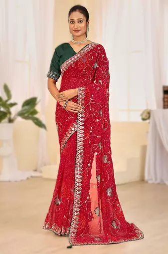 Fancy red–rani colour bandhani catalogue with gotta embroidery