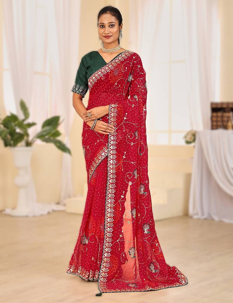 Fancy red–rani colour bandhani catalogue with gotta embroidery
