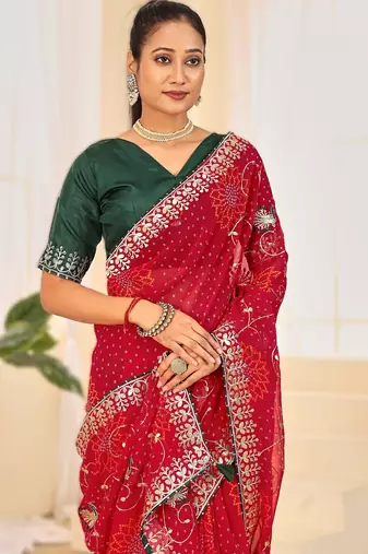Fancy red rani colour bandhani catalogue with gotta embroidery