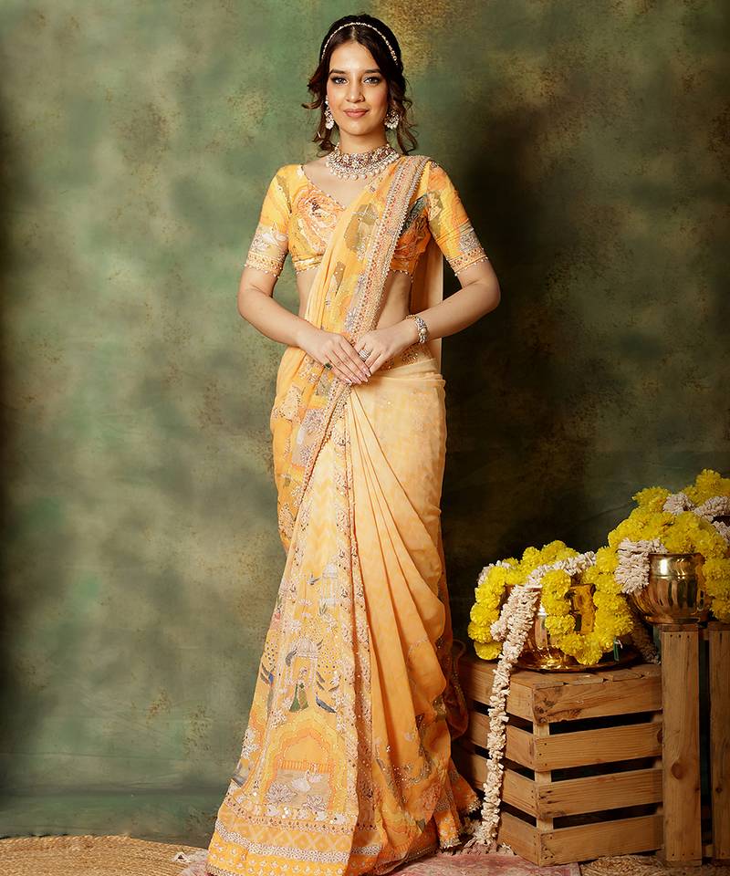 Yellow Embroidered Georgette Saree