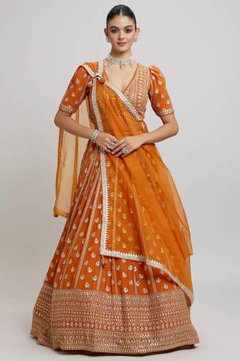 ORANGE RADIANCE 7MM AND 3MM MATTE SEQUINS WITH ZARI EMBROIDERED GEORGETTE LEHENGA CHOLI