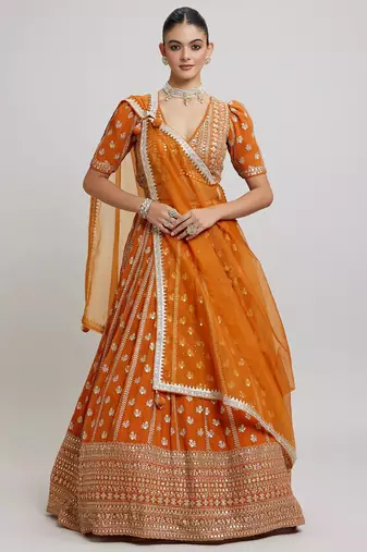 ORANGE RADIANCE 7MM AND 3MM MATTE SEQUINS WITH ZARI EMBROIDERED GEORGETTE LEHENGA CHOLI