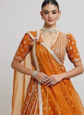ORANGE RADIANCE 7MM AND 3MM MATTE SEQUINS WITH ZARI EMBROIDERED GEORGETTE LEHENGA CHOLI 2