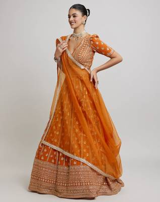 ORANGE RADIANCE 7MM AND 3MM MATTE SEQUINS WITH ZARI EMBROIDERED GEORGETTE LEHENGA CHOLI 3