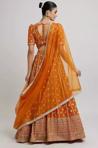 ORANGE RADIANCE 7MM AND 3MM MATTE SEQUINS WITH ZARI EMBROIDERED GEORGETTE LEHENGA CHOLI