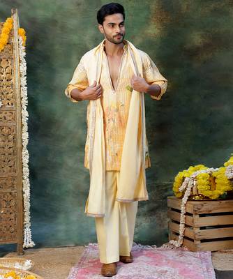 Yellow Embroidered Silk Kurta Set 1