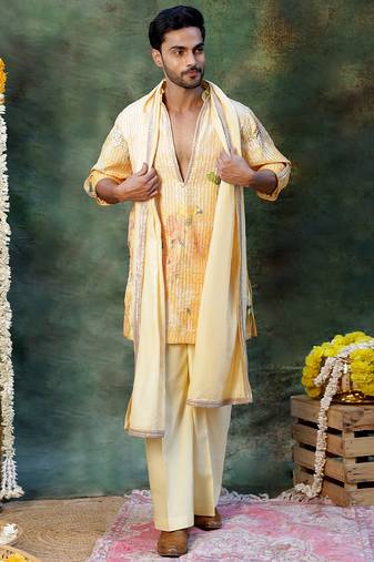 Yellow Embroidered Silk Kurta Set