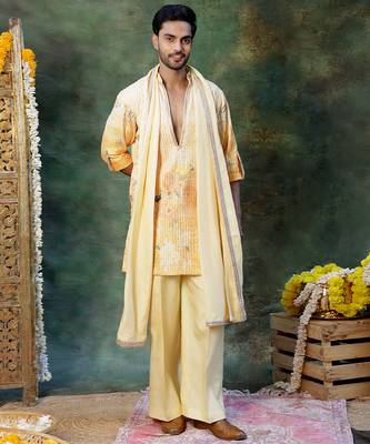 Yellow Embroidered Silk Kurta Set 2