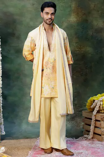 Yellow Embroidered Silk Kurta Set