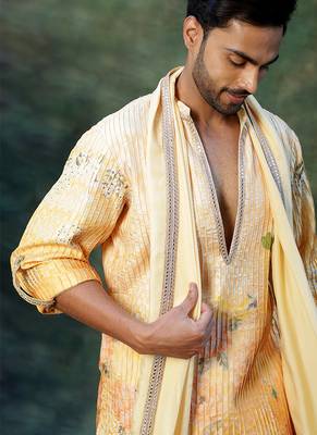 Yellow Embroidered Silk Kurta Set 3