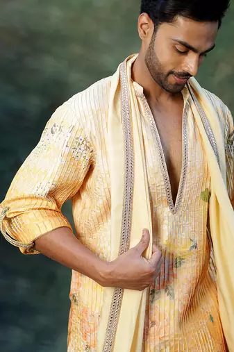 Yellow Embroidered Silk Kurta Set