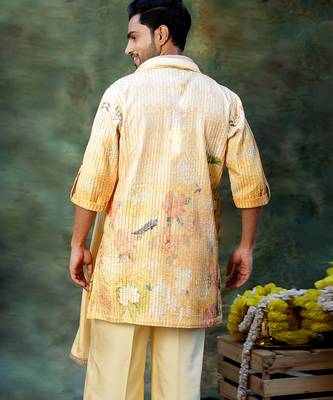 Yellow Embroidered Silk Kurta Set 4