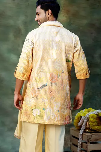Yellow Embroidered Silk Kurta Set