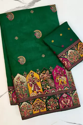 Dark Green Color Zari Weaving Work Pashmina Silk Saree