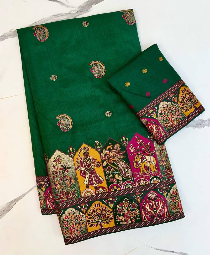 Dark Green Color Zari Weaving Work Pashmina Silk Saree