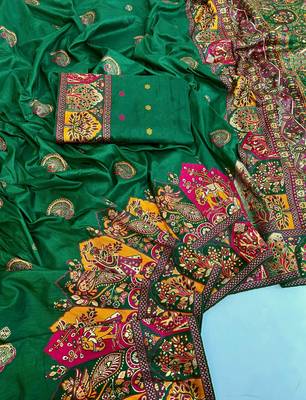 Dark Green Color Zari Weaving Work Pashmina Silk Saree 2