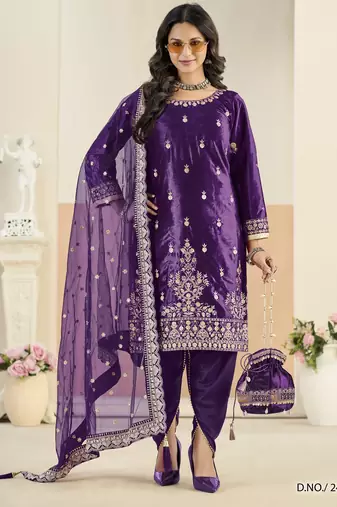 Embroided purple salwar suit made of ice velvet with net dupatta