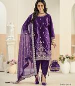 Embroided purple salwar suit made of ice velvet with net dupatta