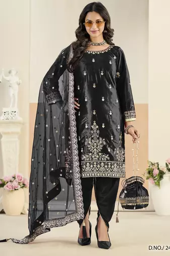 Embroided black salwar suit made of ice velvet with net dupatta