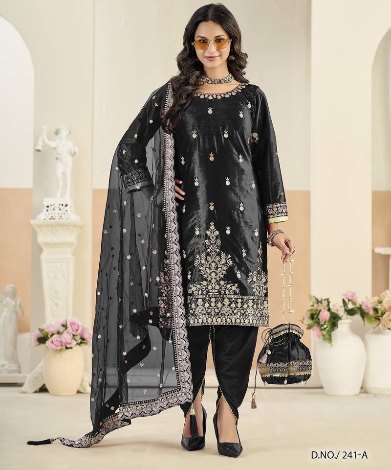 Embroided black salwar suit made of ice velvet with net dupatta