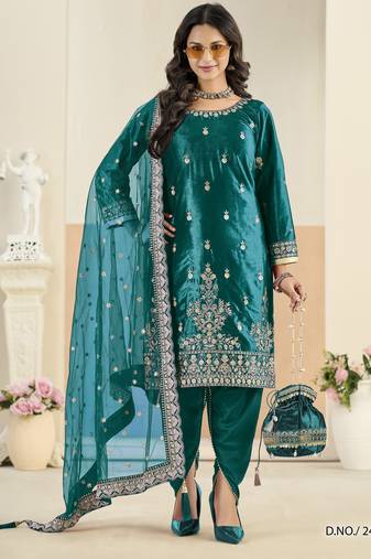 Embroided rama salwar suit made of ice velvet with net dupatta