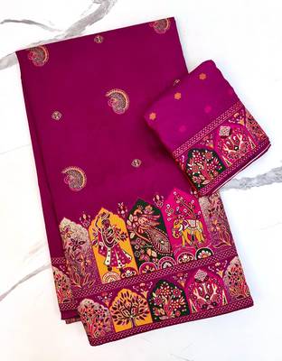 Plum Color Zari Weaving Work Pashmina Silk Blend Saree 1