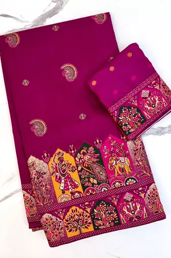 Plum Color Zari Weaving Work Pashmina Silk Blend Saree