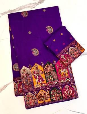  Purple Color Zari Weaving Work Pashmina Silk Blend Saree 1