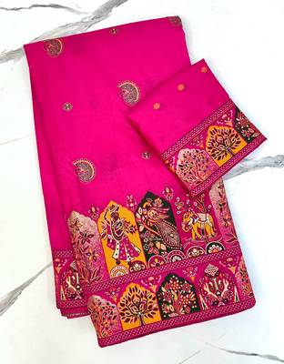 Rani Pink Color Zari Weaving Work Pashmina Silk Blend Saree 1