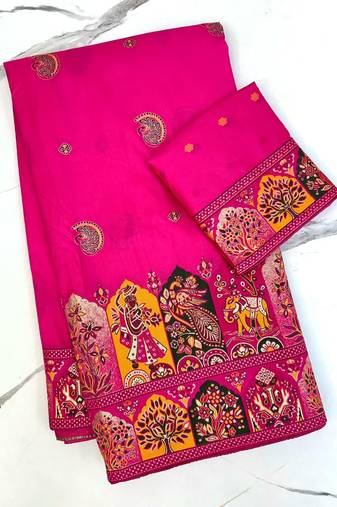 Rani Pink Color Zari Weaving Work Pashmina Silk Blend Saree