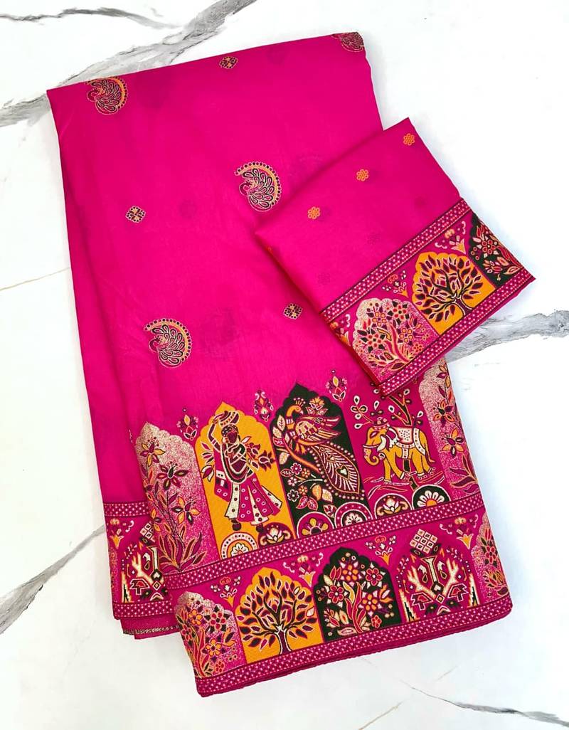 Rani Pink Color Zari Weaving Work Pashmina Silk Blend Saree