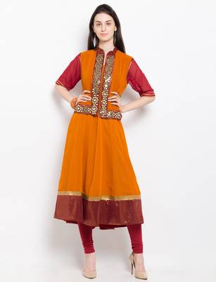 Orange embroidered georgette a line kurta churidar set 1