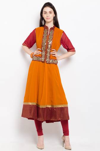 Orange embroidered georgette a line kurta churidar set