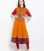 Orange embroidered georgette a line kurta churidar set