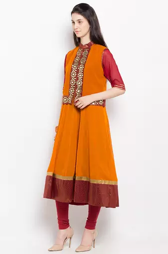 Orange embroidered georgette a line kurta churidar set