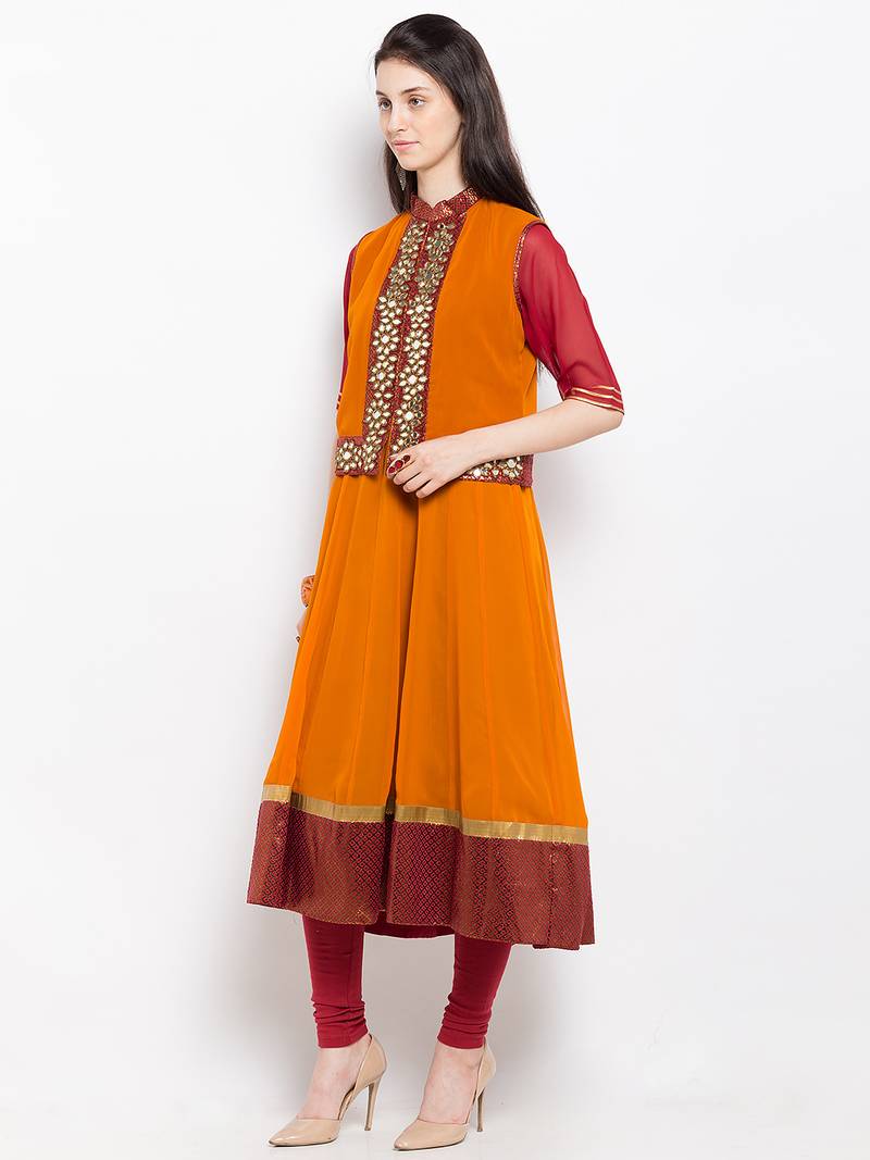 Orange embroidered georgette a line kurta churidar set