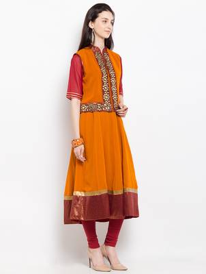 Orange embroidered georgette a line kurta churidar set 3