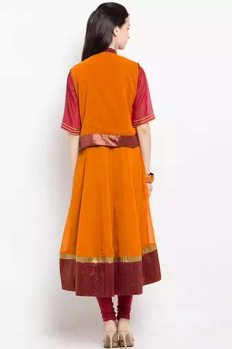 Orange embroidered georgette a line kurta churidar set