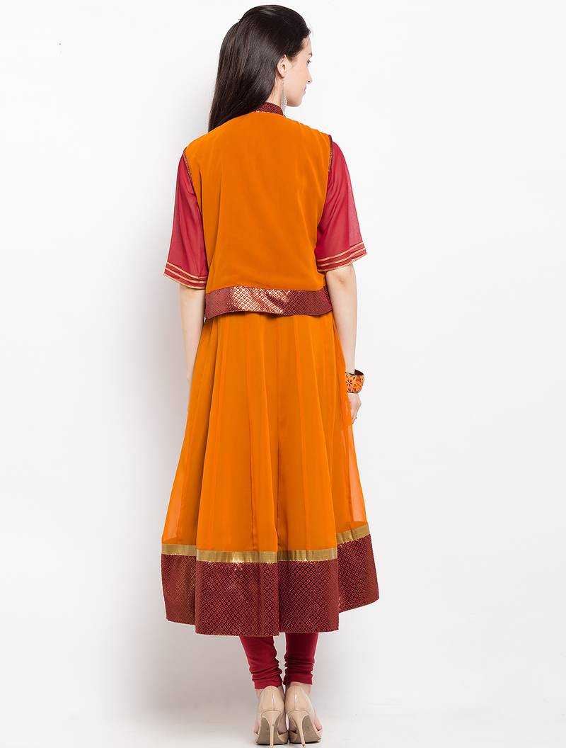 Orange embroidered georgette a line kurta churidar set