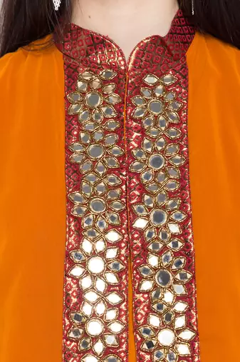 Orange embroidered georgette a line kurta churidar set