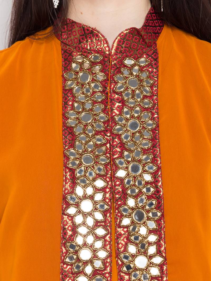 Orange embroidered georgette a line kurta churidar set